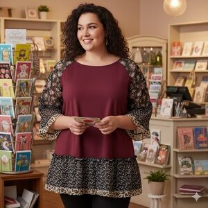 Burgundy Mix Print Sleeve Top